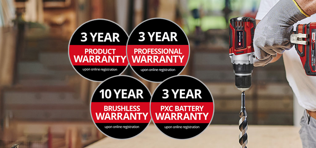 Here you can see a man in a workshop with an Einhell drill in use. In addition, the icons for the different types of warranty extension have been placed on the picture. The following warranty extensions are possible: ‘Product warranty’, ‘Professional warranty’, ‘Brushless warranty’ and ‘Battery warranty’